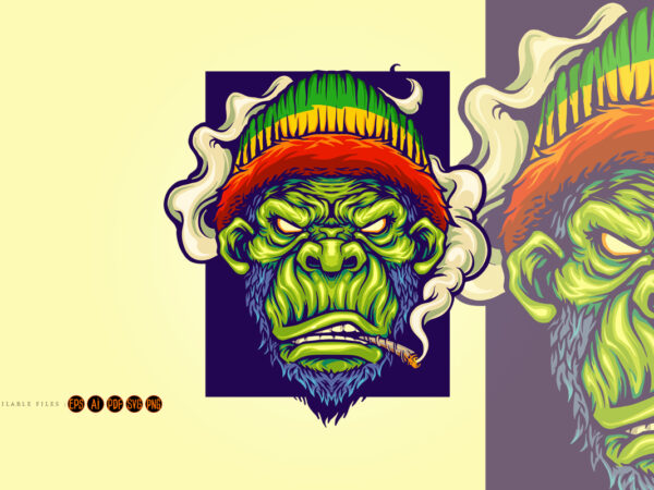 Gorilla rastafarian with smoking cannabis mascot illustrations t shirt design template