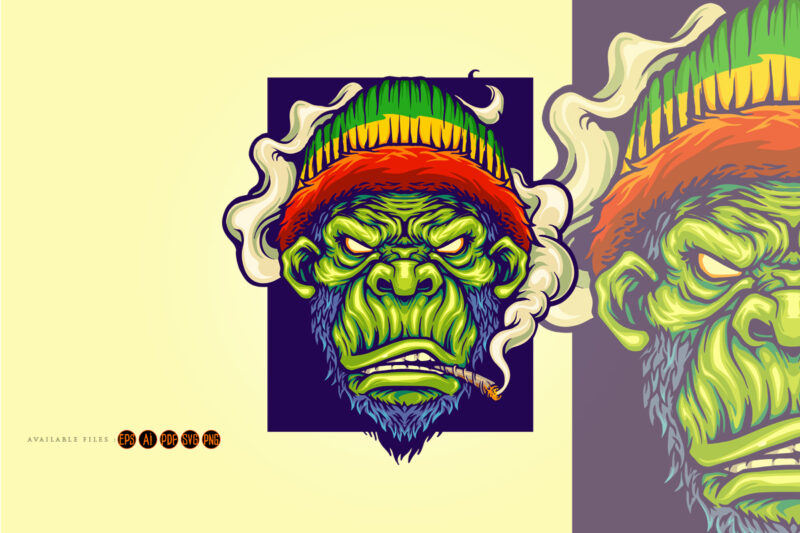 Gorilla rastafarian with smoking cannabis Mascot Illustrations