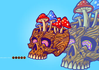 Wood skull with mushrooms Fungu Illustrations