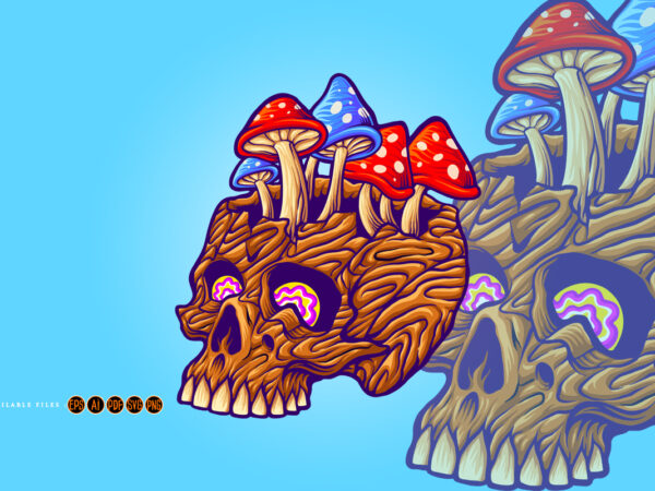 Wood skull with mushrooms fungu illustrations t shirt design for sale
