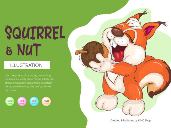 Cartoon Squirrel and Nut. T-Shirt, JPG, PNG.