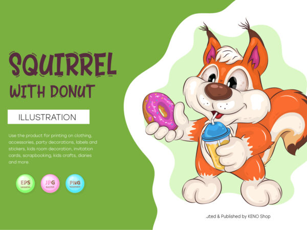Cartoon squirrel with donut. clipart. t shirt vector file
