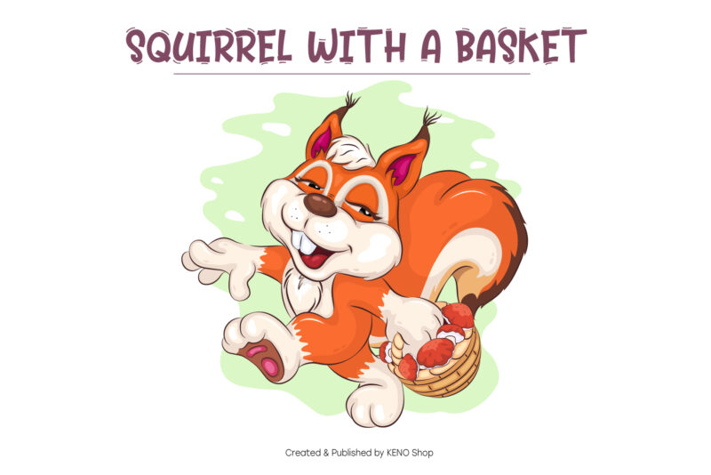Cartoon Squirrel with a Basket. T-Shirt, PNG, SVG.