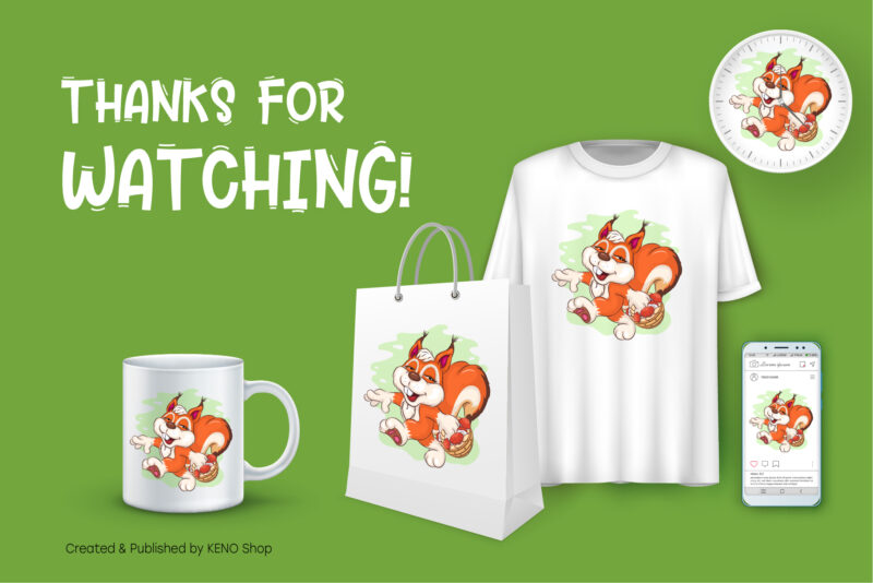 Cartoon Squirrel with a Basket. T-Shirt, PNG, SVG.