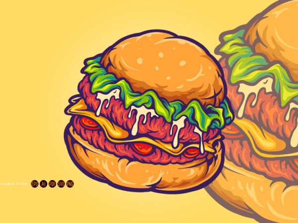Delicious burger fast food cartoon illustrations t shirt vector illustration