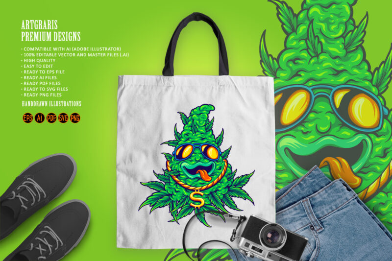 Funky Cannabis weed leaf Plant with sunglasses Mascot Illustrations