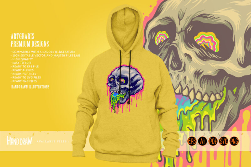 Psychedelic Scary colorful stone Skull Melting Illustrations