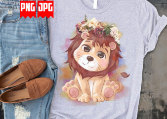 Floral cute lion in watercolor and pastel digital artwork illustration