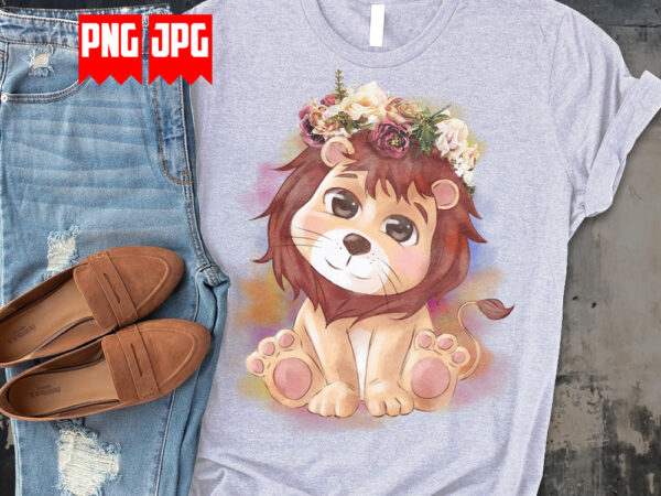 Floral cute lion in watercolor and pastel digital artwork illustration t shirt graphic design