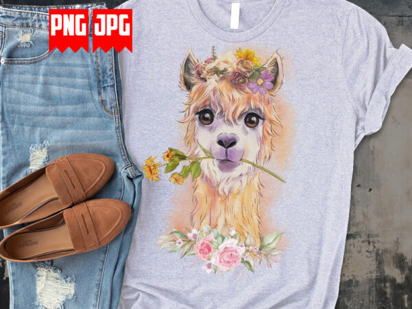 Floral cute llama in watercolor t-shirt design for sublimation