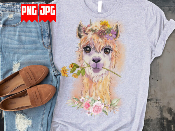 Floral cute llama in watercolor t-shirt design for sublimation Floral cute llama in watercolor t-shirt design for sublimation