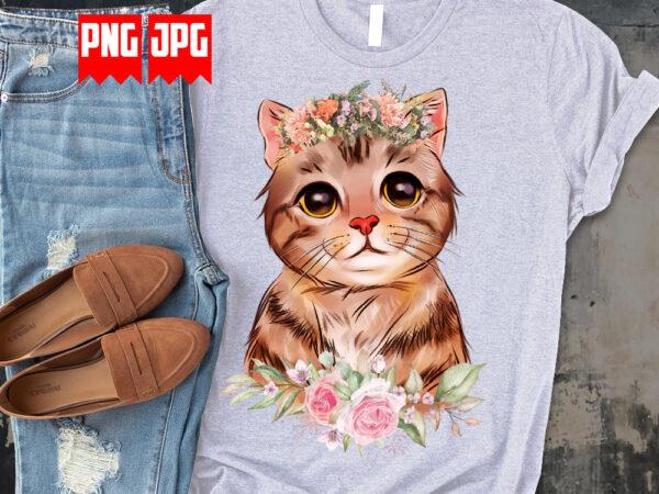 Cute floral cat in watercolor digital artwork illustration t shirt vector file