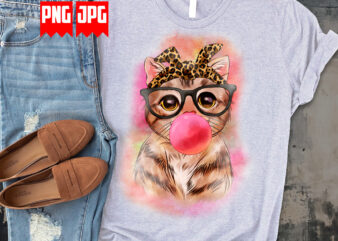 Cute Cat with bubble gum and glasses in watercolor digital design