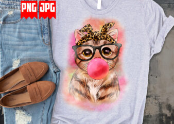 Cute cat with bubble gum and glasses in watercolor digital design