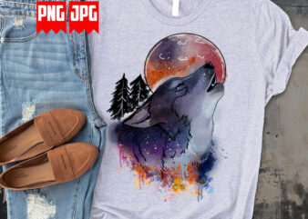 Watercolor howling wolf outdoor t-shirt design for sublimation