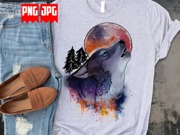 Watercolor howling wolf outdoor t-shirt design for sublimation