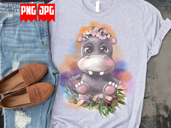 Cute floral hippopotamus digital artwork t-shirt sublimation design