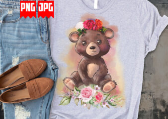 Cute watercolor floral bear digital artwork for t-shirt design