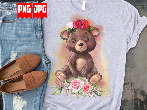 Cute watercolor floral bear digital artwork for t-shirt design