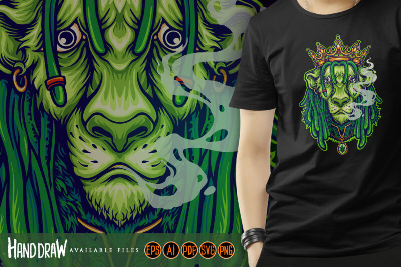 King Lion Gold crown Green weed smoke Cartoon Illustrations