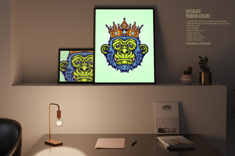 Head King Monkey with Crown Mascot Illustrations