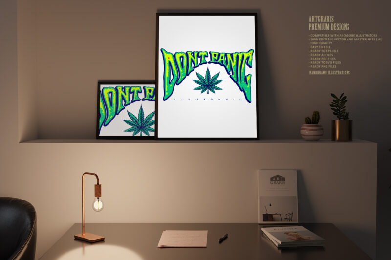 Weed lettering Dont panic word typography Cannabis Logo