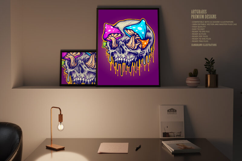 Scary skull mushrooms melted colorful Illustrations