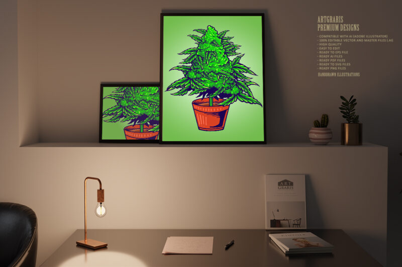 Cannabis Weed leaf plant with pot Medicine Illustrations