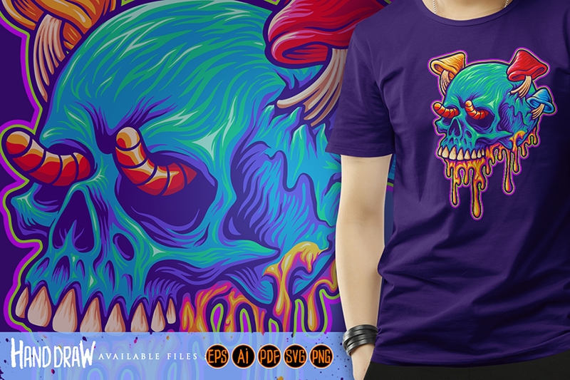 Psychedelic skull mushrooms melted colorful Illustrations