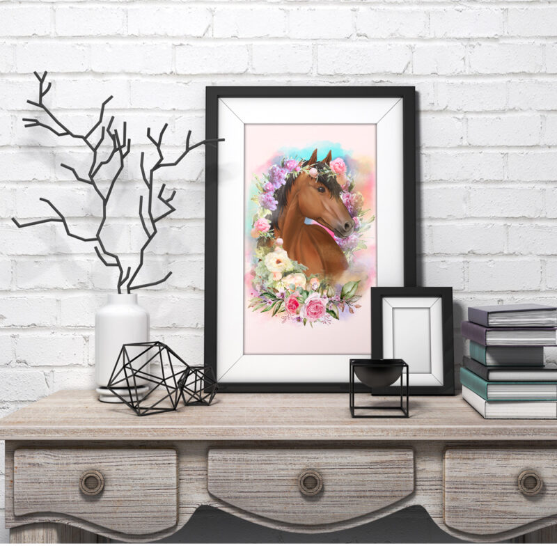 Floral Horse Digital Watercolor Illustration Artwork
