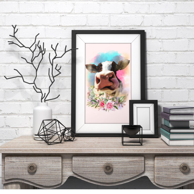 Floral watercolor farm cow digital artwork illustration