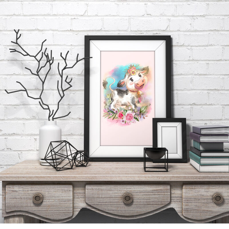 Cute floral baby cow in watercolor illustration digital design