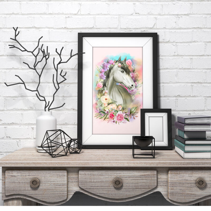 Floral White Horse Digital Illustration and Design