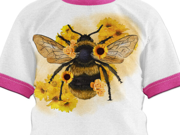 Floral bee digital t-shirt design in watercolor and pastel illustration