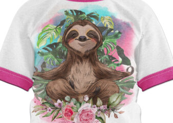Watercolor cute floral sloth animal clipart for t-shirt sublimation