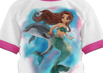 Dolphin and mermaid on cute pastel watercolor digital illustration t shirt vector illustration