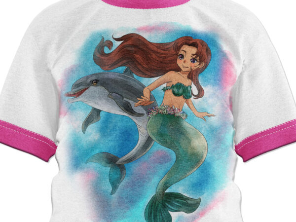Dolphin and mermaid on cute pastel watercolor digital illustration t shirt vector illustration