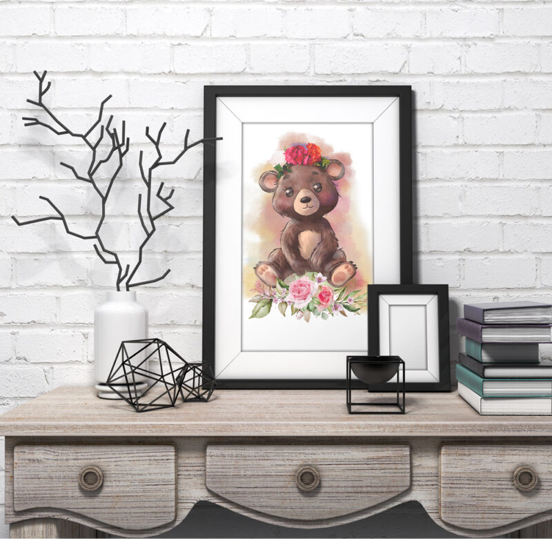 Cute watercolor floral bear digital artwork for t-shirt design
