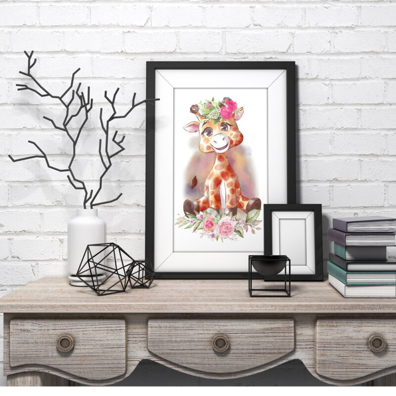 Cute floral giraffe in watercolor artwork illustration