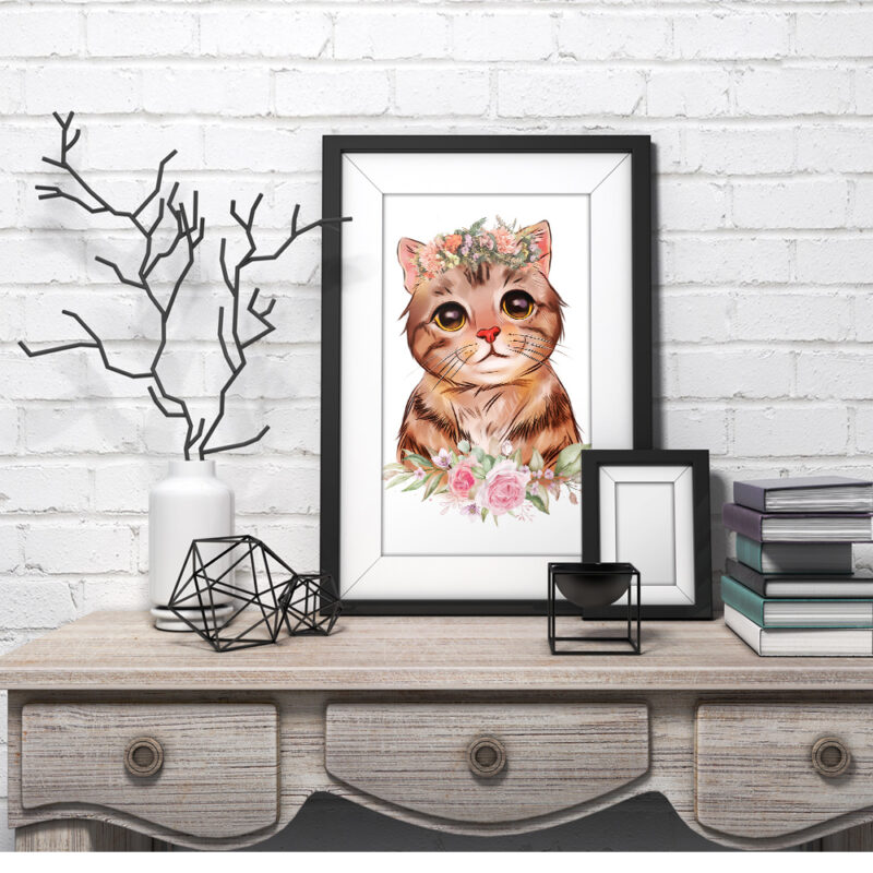 Cute floral cat in watercolor digital artwork illustration