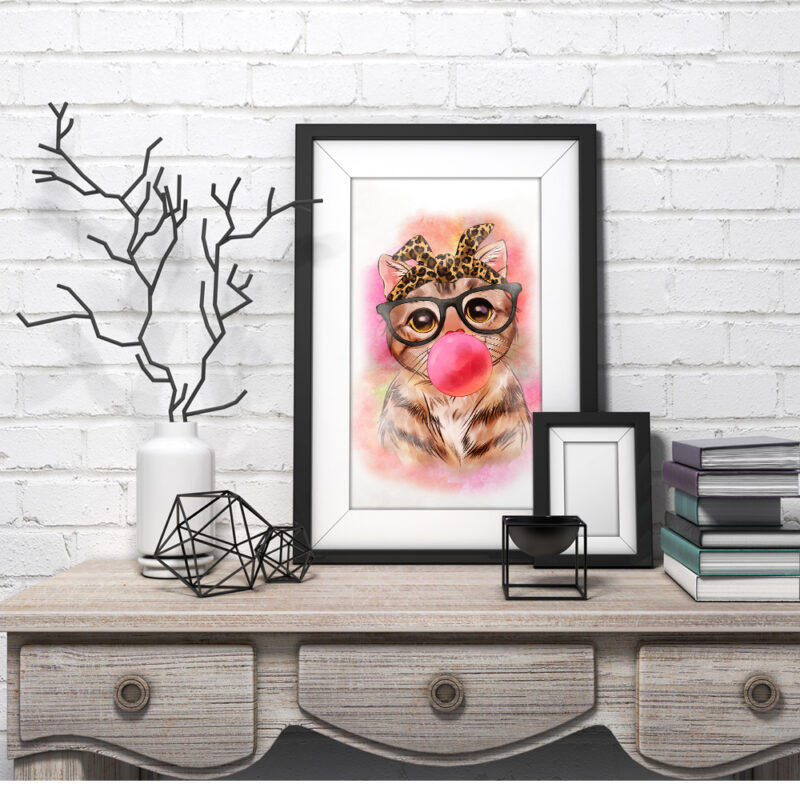 Cute Cat with bubble gum and glasses in watercolor digital design