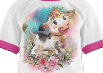 Cute floral baby cow in watercolor illustration digital design