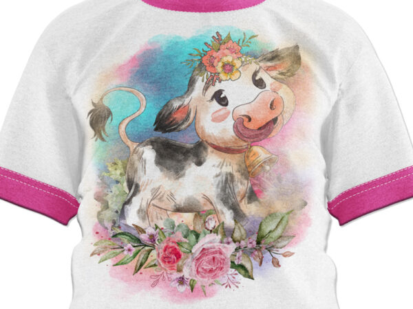 Cute floral baby cow in watercolor illustration digital design