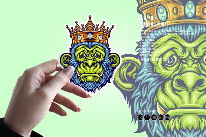 Head King Monkey with Crown Mascot Illustrations