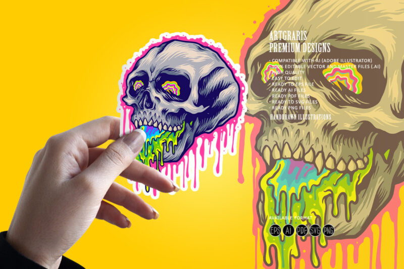 Psychedelic Scary colorful stone Skull Melting Illustrations