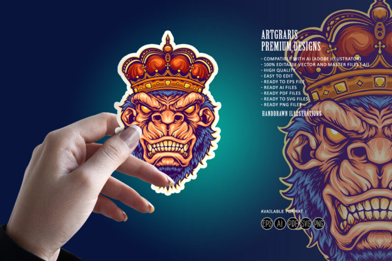 Angry king kong with gorilla crown Mascot Illustrations