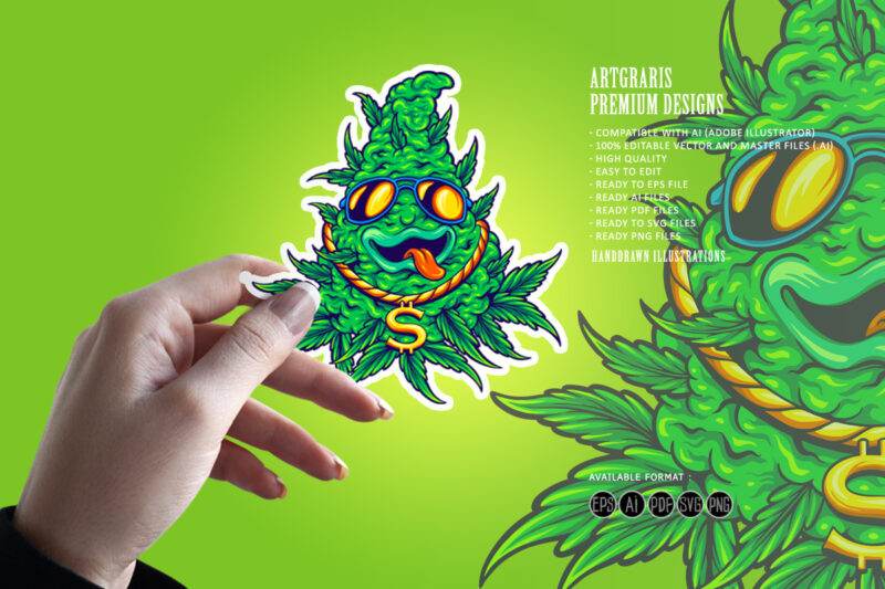 Funky Cannabis weed leaf Plant with sunglasses Mascot Illustrations