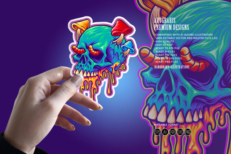 Psychedelic skull mushrooms melted colorful Illustrations