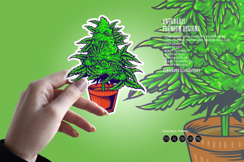 Cannabis Weed leaf plant with pot Medicine Illustrations