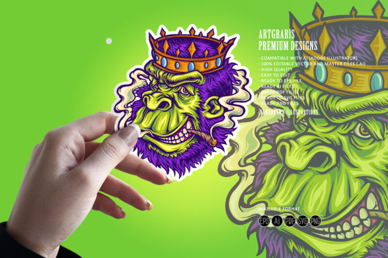Crowned gorilla with smokes cannabis Mascot Illustrations